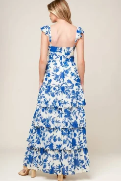 Annalise Ruffle Sleeve Floral Print Tiered Maxi Dress Blue