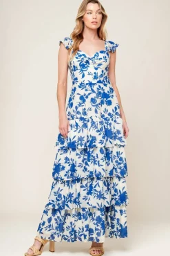 Annalise Ruffle Sleeve Floral Print Tiered Maxi Dress Blue