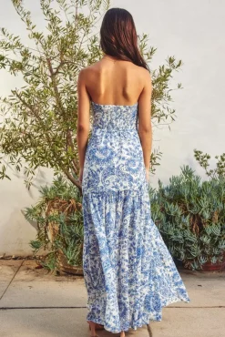 Annie Sleeveless Paisley Print Drop Waist Maxi Dress Blue