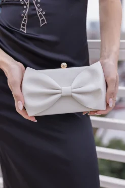 Aria Satin Bow Crossbody Clutch Ivory