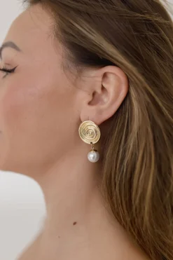Ariel Round Layered Pearl Drop Earrings Gold