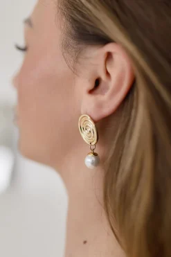 Ariel Round Layered Pearl Drop Earrings Gold