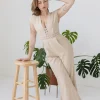 Asher Short Sleeve Lace Crochet Linen Wide Leg Jumpsuit Beige