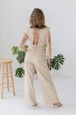 Asher Short Sleeve Lace Crochet Linen Wide Leg Jumpsuit Beige