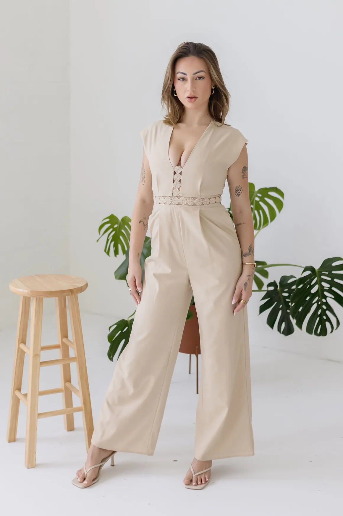 Asher Short Sleeve Lace Crochet Linen Wide Leg Jumpsuit Beige
