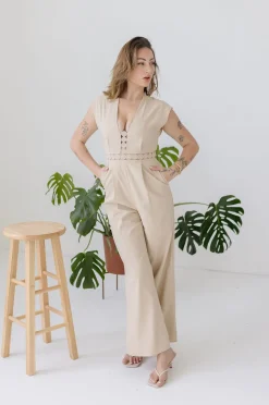 Asher Short Sleeve Lace Crochet Linen Wide Leg Jumpsuit Beige