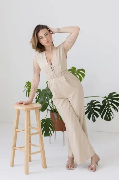 Asher Short Sleeve Lace Crochet Linen Wide Leg Jumpsuit Beige