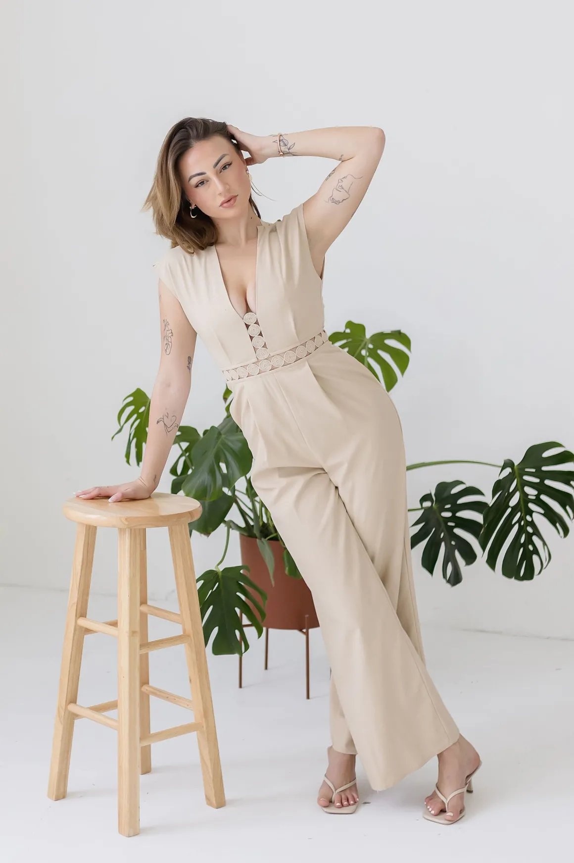 Asher Short Sleeve Lace Crochet Linen Wide Leg Jumpsuit Beige