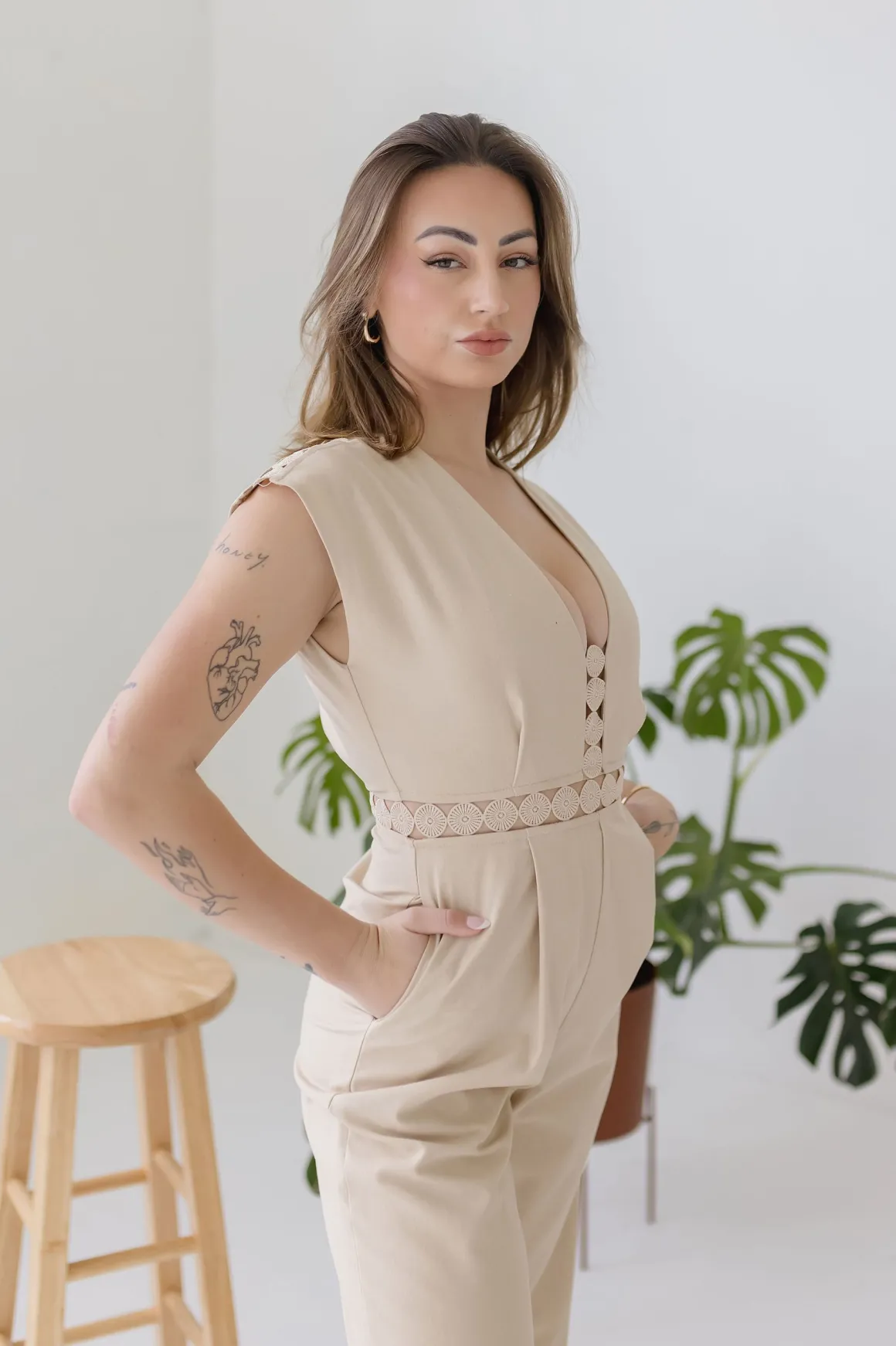 Asher Short Sleeve Lace Crochet Linen Wide Leg Jumpsuit Beige