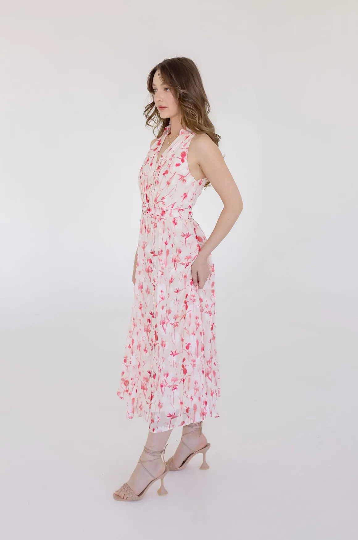 Ashley Sleeveless Collared Floral Print Midi Dress Blush
