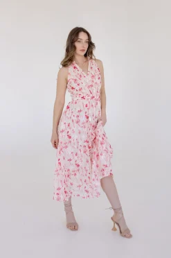 Ashley Sleeveless Collared Floral Print Midi Dress Blush