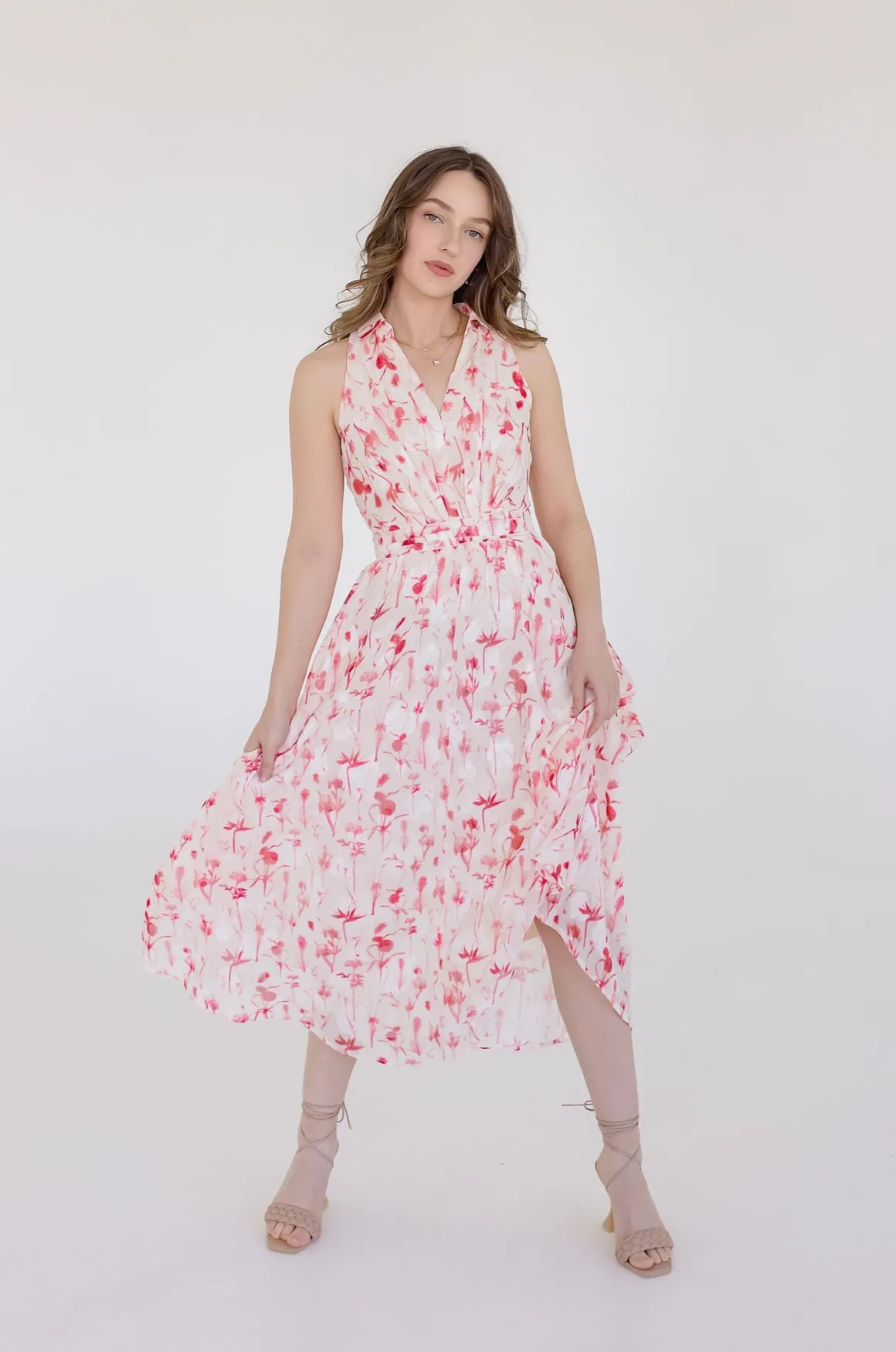 Ashley Sleeveless Collared Floral Print Midi Dress Blush