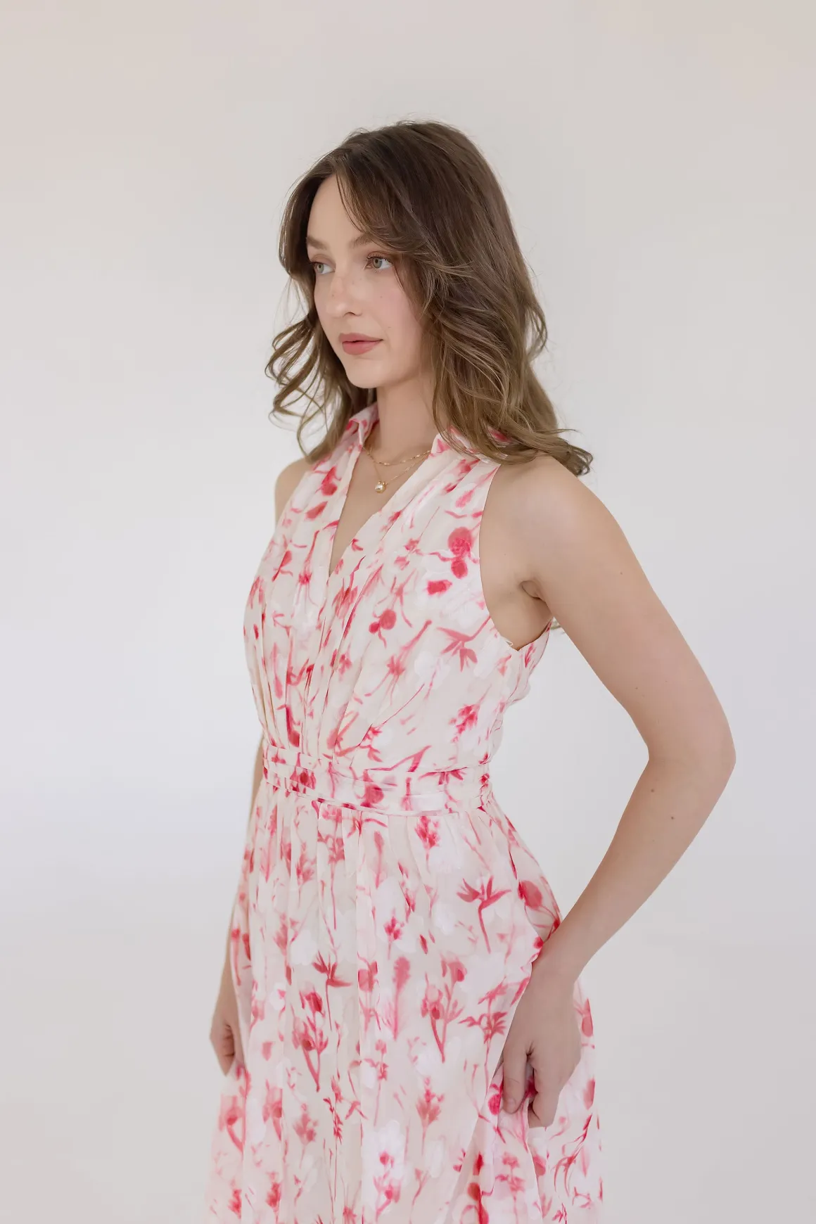 Ashley Sleeveless Collared Floral Print Midi Dress Blush