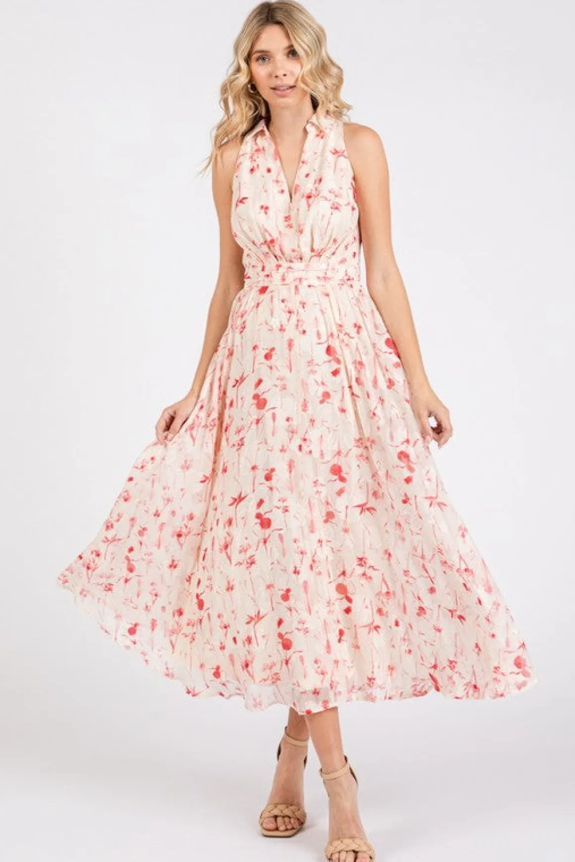 Ashley Sleeveless Collared Floral Print Midi Dress Blush