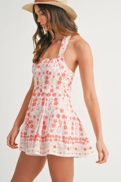 Ashlyn Sleeveless Halter Floral Print Flared Romper Red