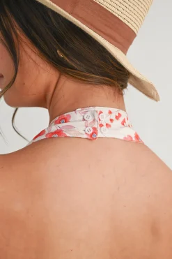 Ashlyn Sleeveless Halter Floral Print Flared Romper Red