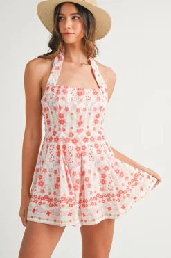 Ashlyn Sleeveless Halter Floral Print Flared Romper Red