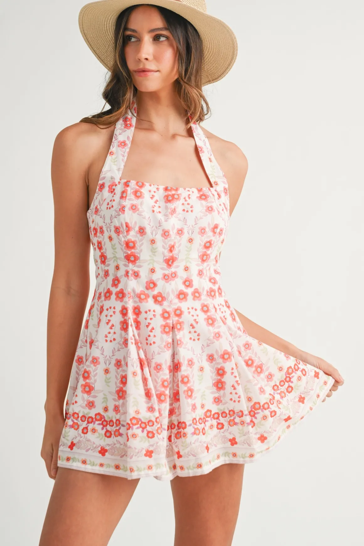 Ashlyn Sleeveless Halter Floral Print Flared Romper Red