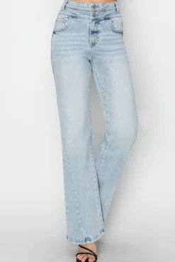 Aspen High Rise Double Button Straight Leg Jeans Light Wash