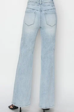 Aspen High Rise Double Button Straight Leg Jeans Light Wash