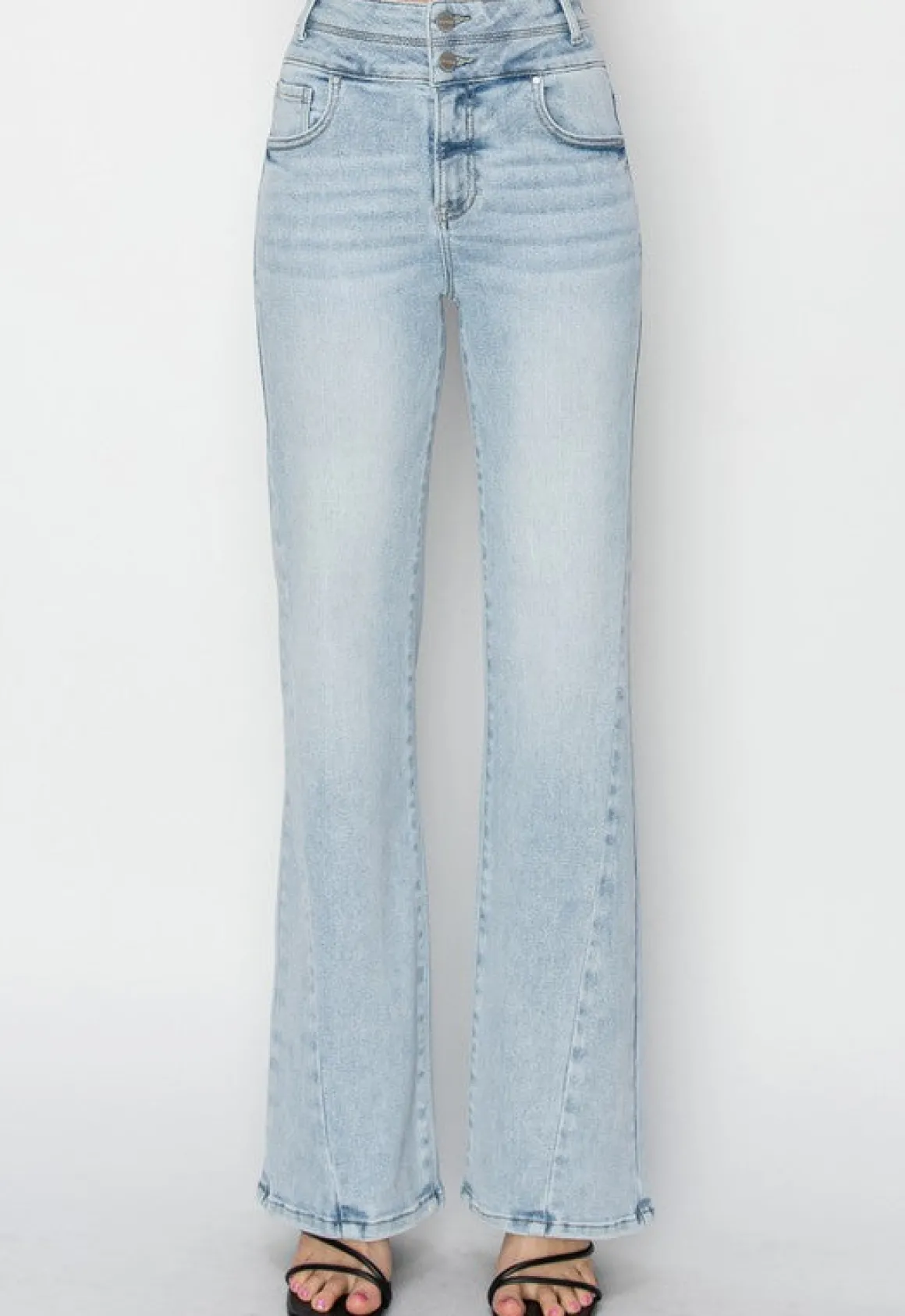 Aspen High Rise Double Button Straight Leg Jeans Light Wash