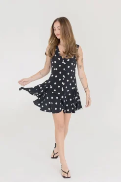 Athena Sleeveless Button Down Polka Dot Mini Dress Black
