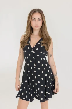 Athena Sleeveless Button Down Polka Dot Mini Dress Black