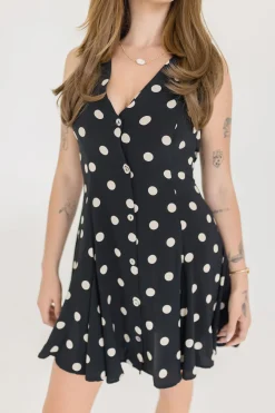 Athena Sleeveless Button Down Polka Dot Mini Dress Black