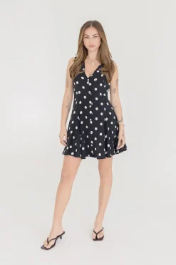 Athena Sleeveless Button Down Polka Dot Mini Dress Black