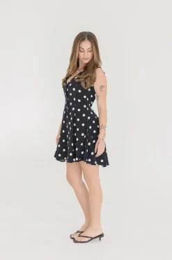 Athena Sleeveless Button Down Polka Dot Mini Dress Black
