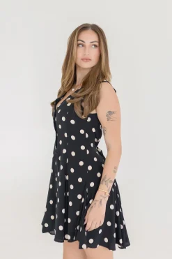Athena Sleeveless Button Down Polka Dot Mini Dress Black