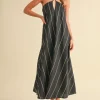 Aubrey Sleeveless Adjustable Tie Stripe Print Maxi Dress Black
