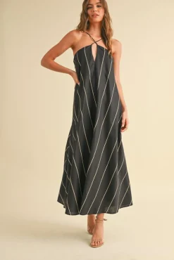 Aubrey Sleeveless Adjustable Tie Stripe Print Maxi Dress Black