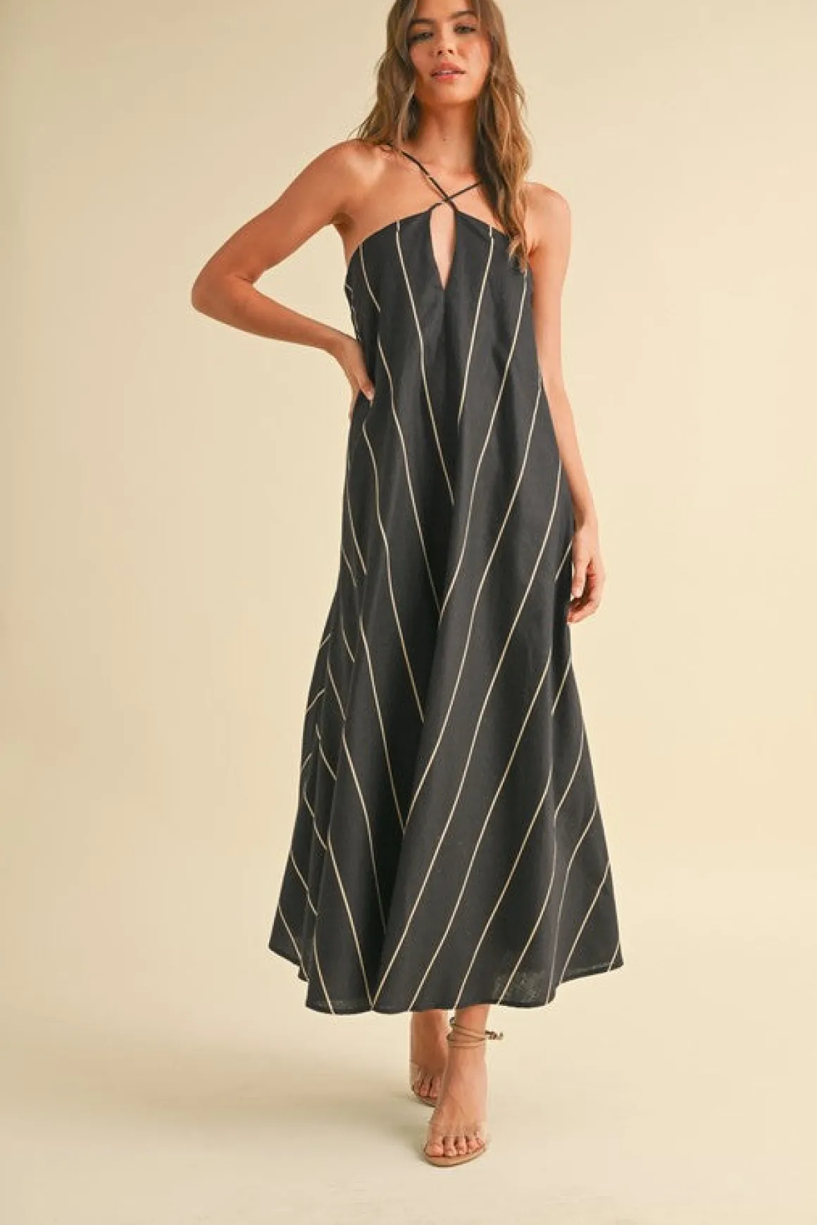 Aubrey Sleeveless Adjustable Tie Stripe Print Maxi Dress Black