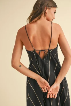 Aubrey Sleeveless Adjustable Tie Stripe Print Maxi Dress Black