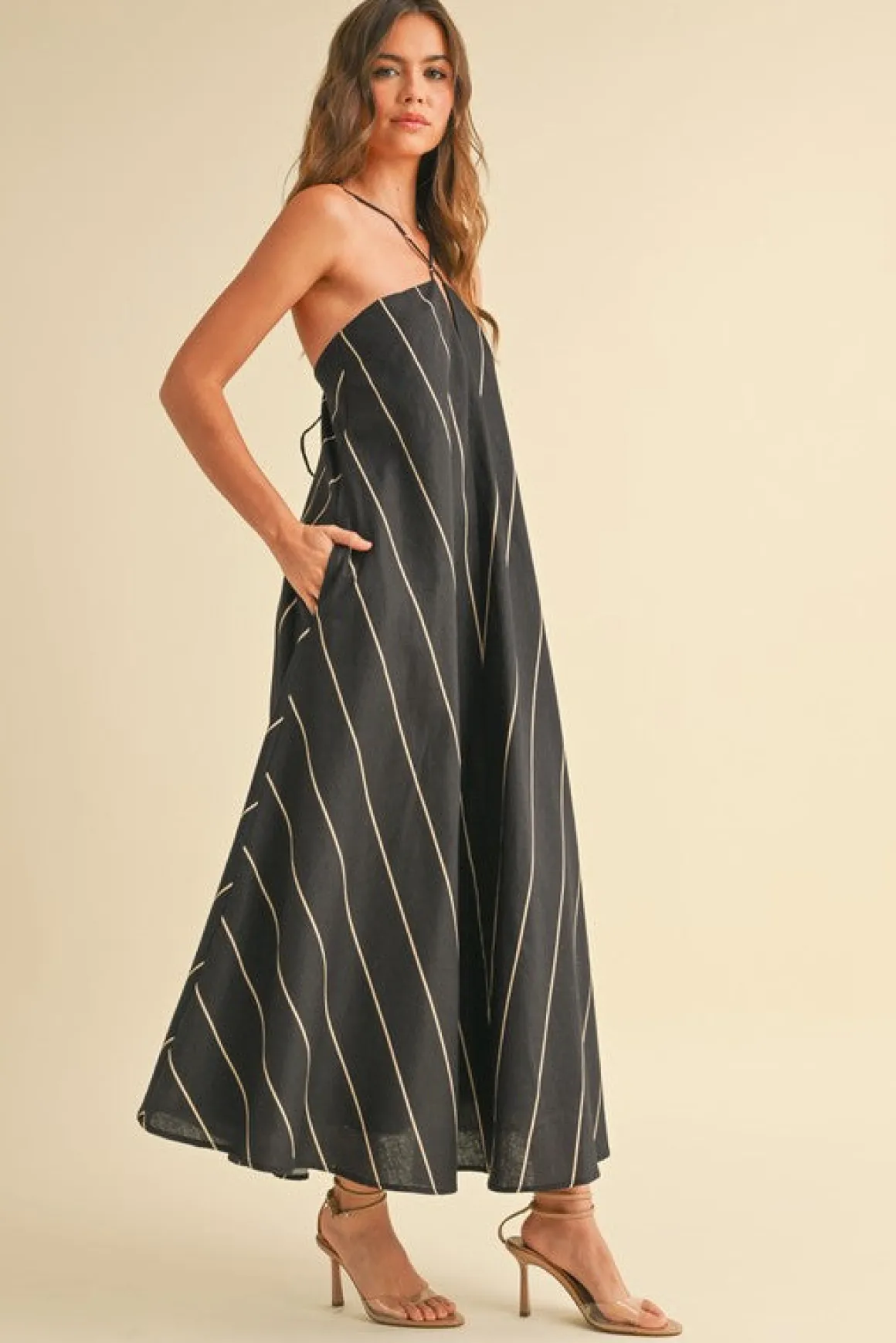 Aubrey Sleeveless Adjustable Tie Stripe Print Maxi Dress Black