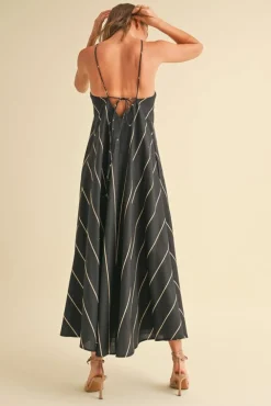 Aubrey Sleeveless Adjustable Tie Stripe Print Maxi Dress Black