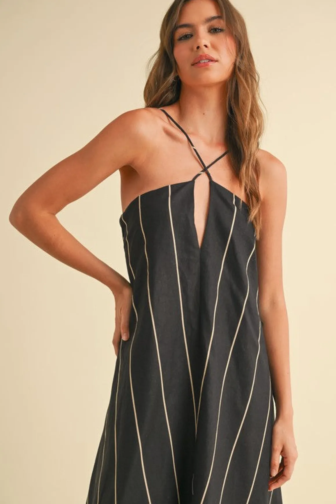 Aubrey Sleeveless Adjustable Tie Stripe Print Maxi Dress Black