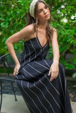 Aubrey Sleeveless Adjustable Tie Stripe Print Maxi Dress Black
