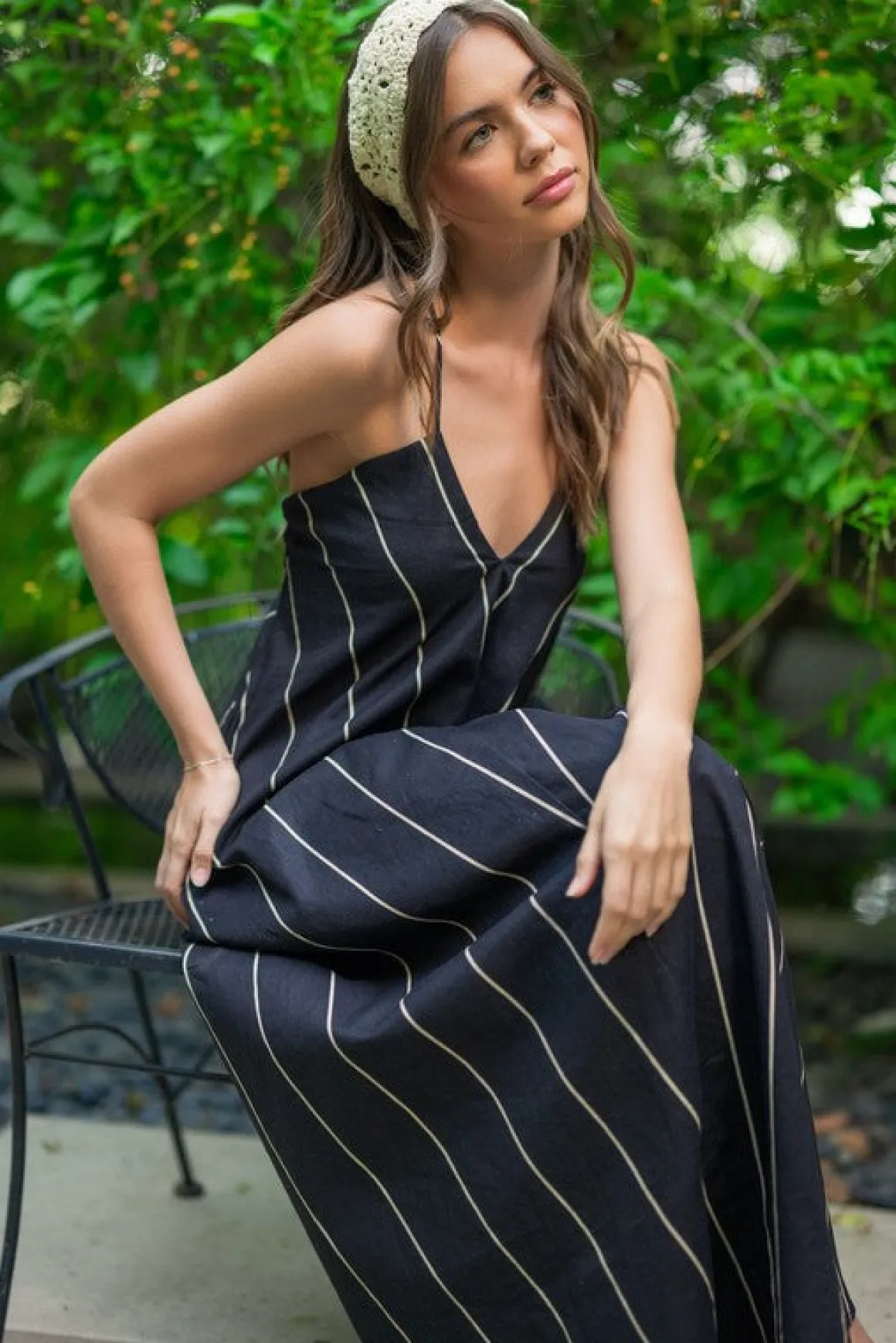 Aubrey Sleeveless Adjustable Tie Stripe Print Maxi Dress Black