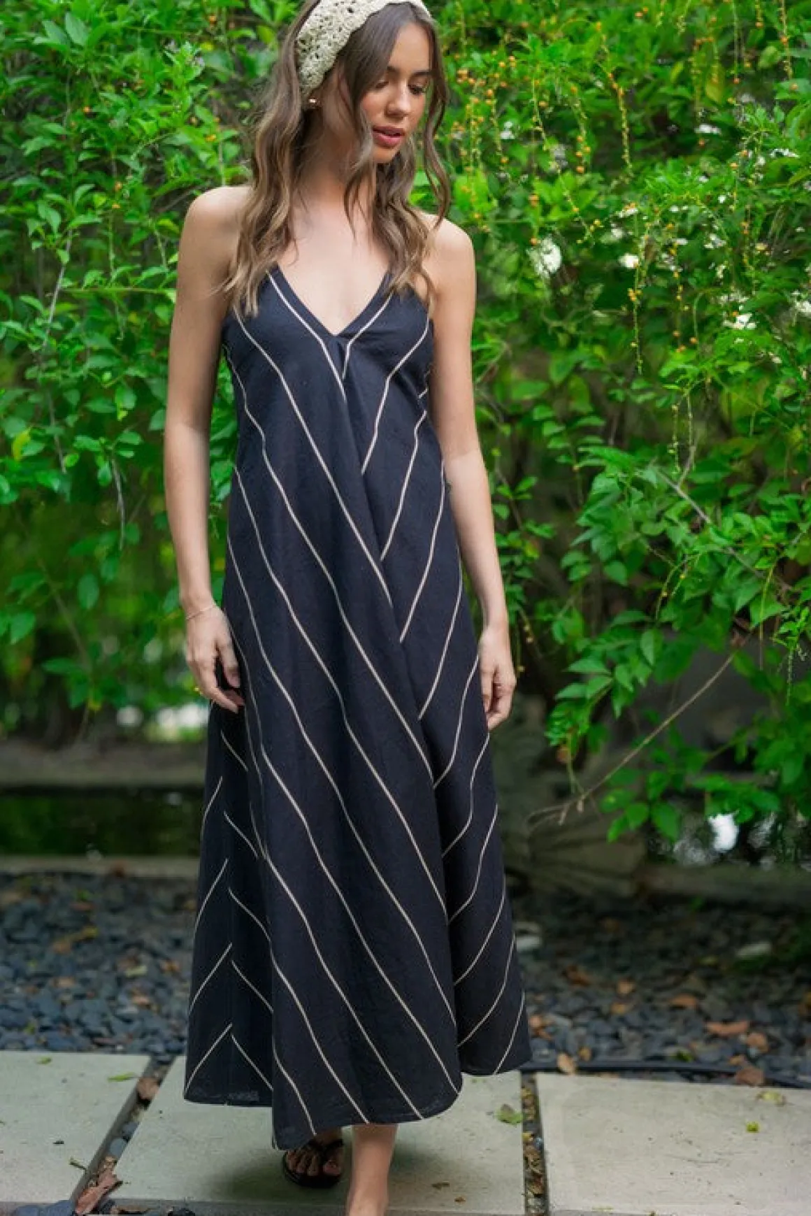 Aubrey Sleeveless Adjustable Tie Stripe Print Maxi Dress Black