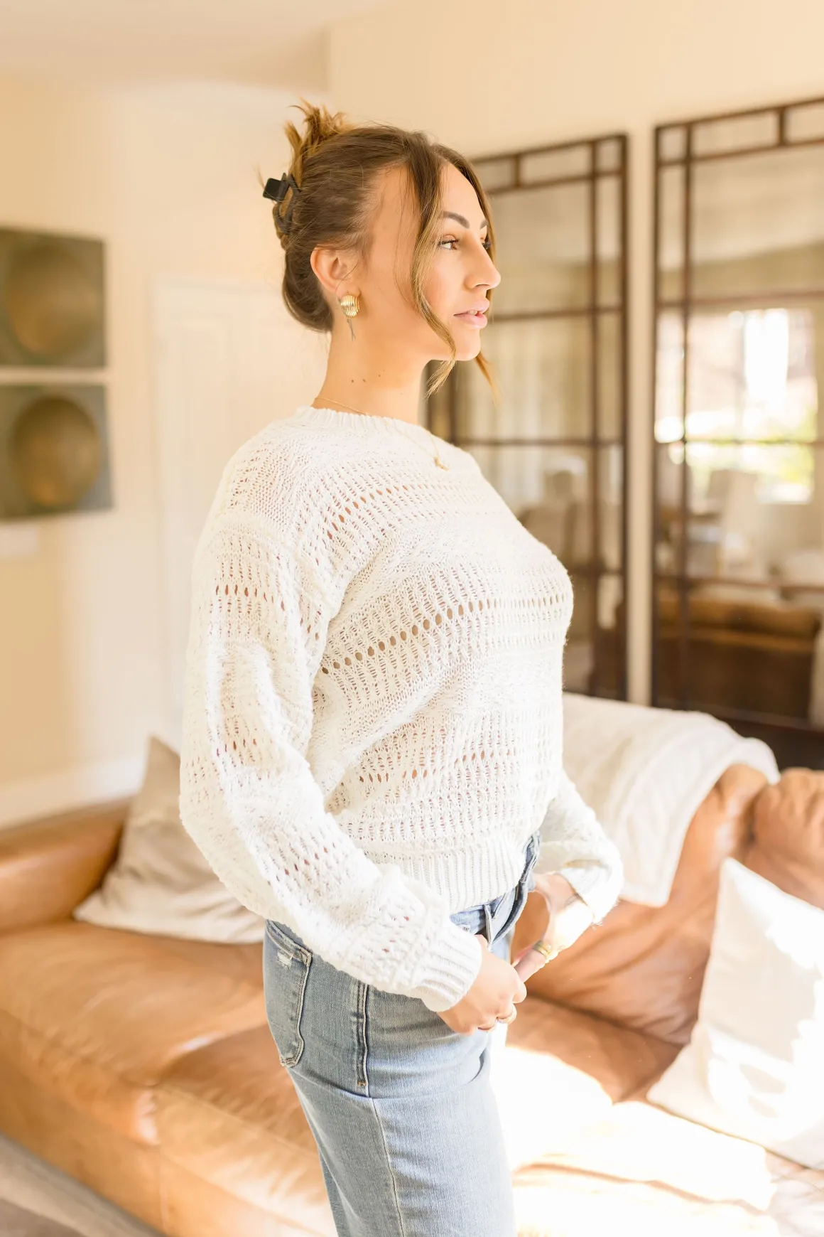 Audrina Long Sleeve Pointelle Sweater Top White