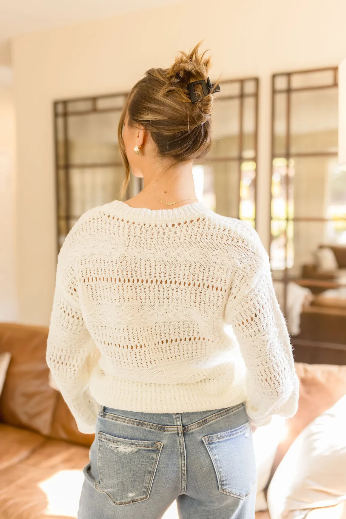 Audrina Long Sleeve Pointelle Sweater Top White
