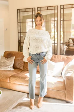 Audrina Long Sleeve Pointelle Sweater Top White