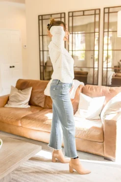 Audrina Long Sleeve Pointelle Sweater Top White