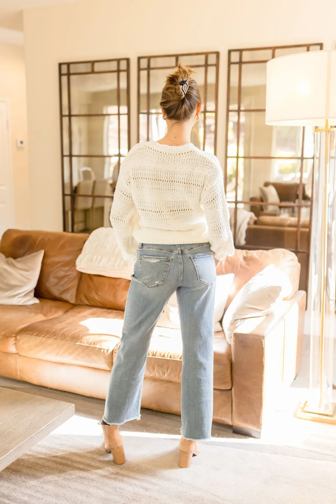 Audrina Long Sleeve Pointelle Sweater Top White