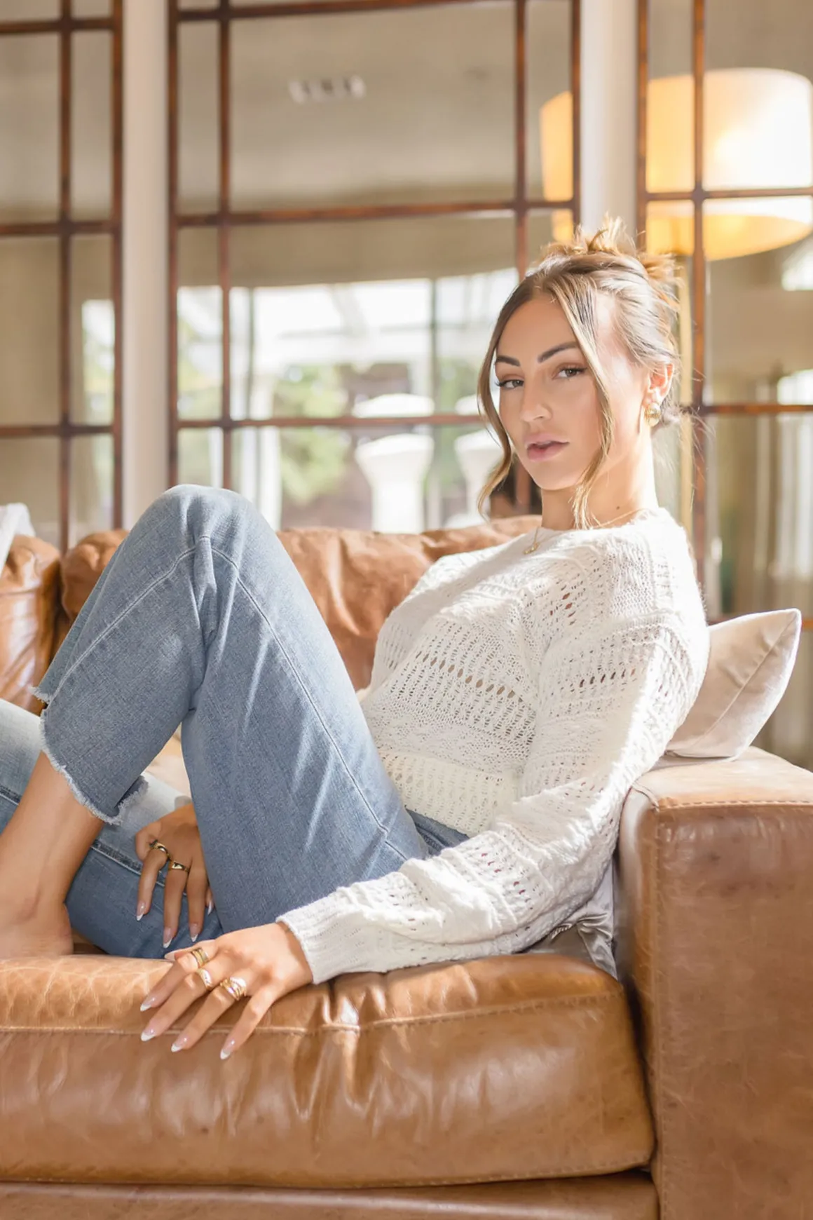 Audrina Long Sleeve Pointelle Sweater Top White