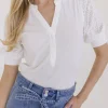 Autumn Short Sleeve Eyelet Rib Knit Top White
