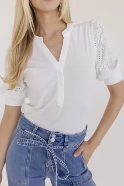 Autumn Short Sleeve Eyelet Rib Knit Top White