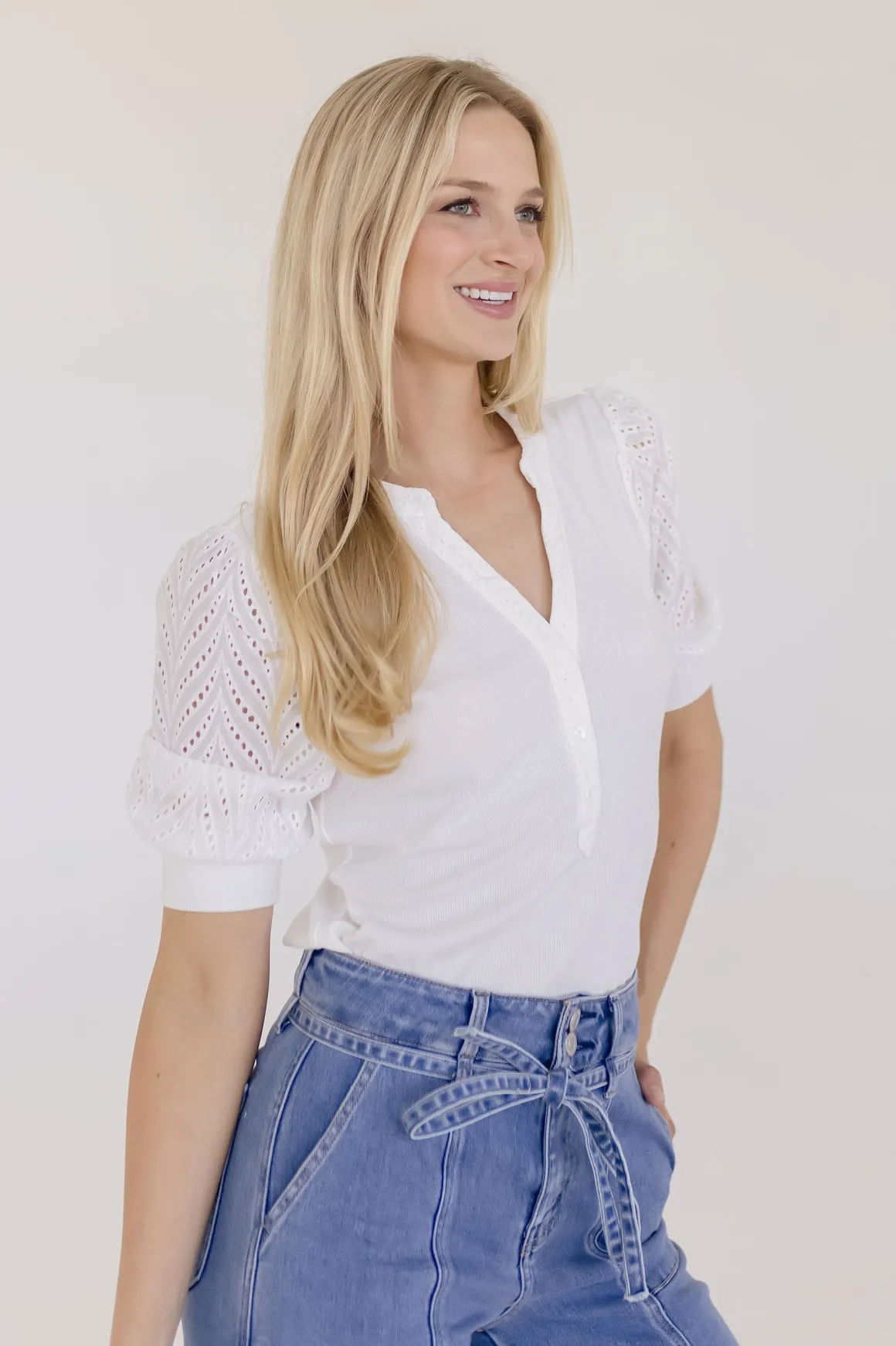 Autumn Short Sleeve Eyelet Rib Knit Top White
